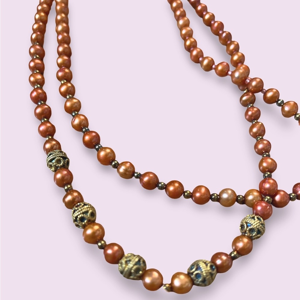 Vintage Copper Pearl and Gold Necklace w/Antique Clasp